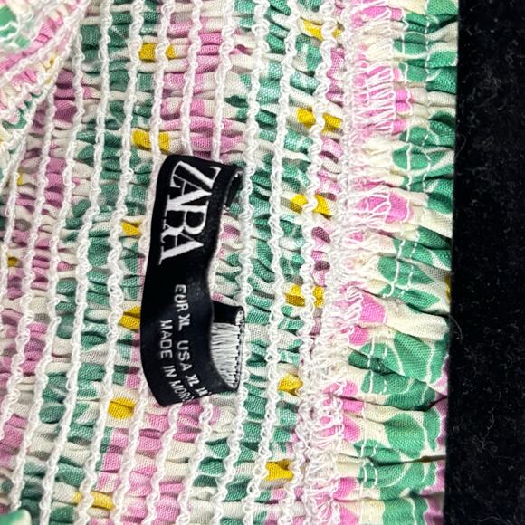ZARA Women’s Pink-Green Floral Smocked Ruffle Top – Size XL – Boho Floral Blouse - Picture 6 of 6
